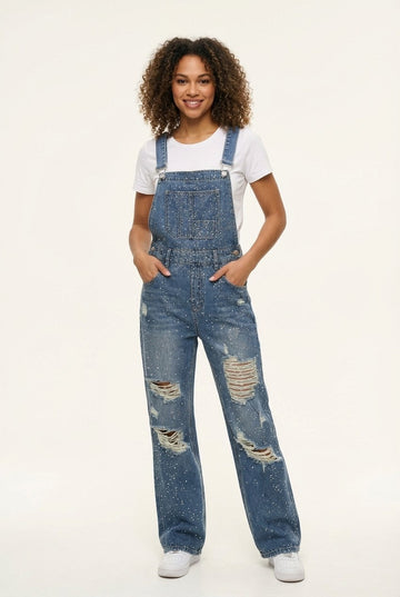 Women's Distressed Denim Splatter Jumpsuit Overalls Relaxed Fit