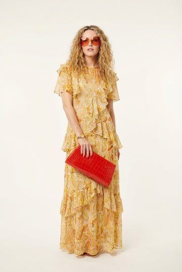 Women's Paisley Print Chiffon Maxi Dress Ruffle Tiered Bohemian Gown