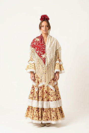 Women's Flamenco Style Tiered Lace Maxi Dress Set With Fringed Shawl