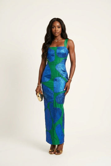 Women's Metallic Jacquard Maxi Dress Slim Fit Green and Blue Evening Gown