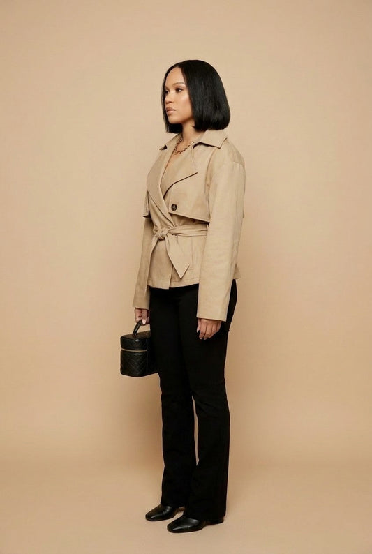 Women's Cropped Belted Trench Jacket in Neutral Beige