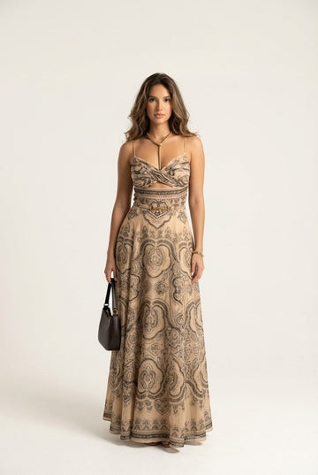 Women's Ornate Paisley Maxi Dress with Waist Cutout Detail