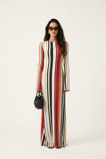 Women's Vertical Striped Long Sleeve Maxi Dress Slim Fit Bohemian Chic