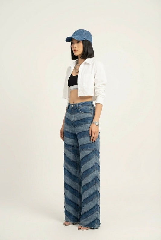 Women's High-Waisted Patchwork Denim Wide Leg Jeans Striped Streetwear