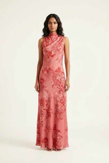 Women's Floral Satin Maxi Dress High Draped Neck Sleeveless Evening