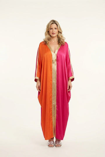 Women's Colorblock Satin V-Neck Kaftan Dress with Gold Trim
