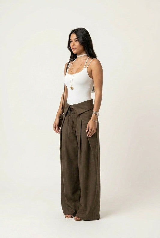 Women's Brown Pinstripe Trousers Fold-Over Waist Wide Leg Office Chic