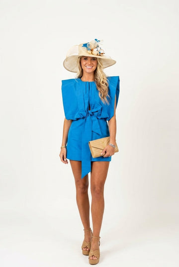 Women's Structured Shoulder Cotton Mini Dress with Front Tie Event Style