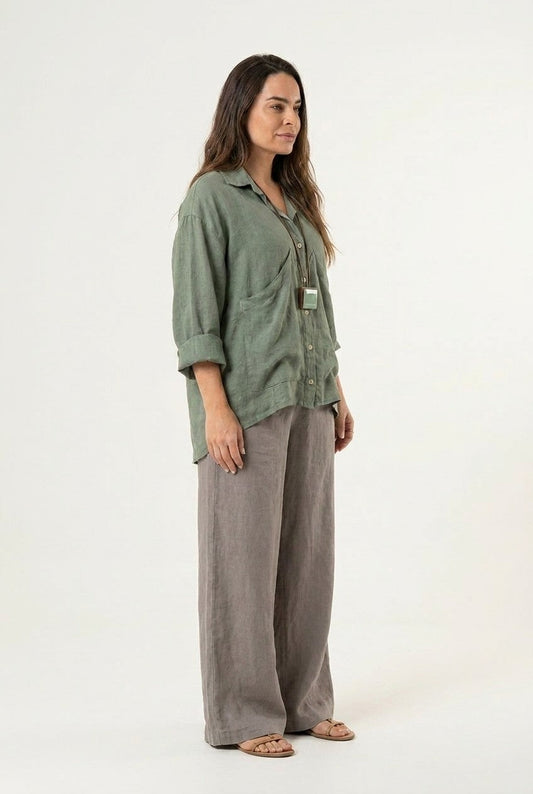 Women's Sage Green Linen Shirt and Wide Leg Trousers Two-Piece Set