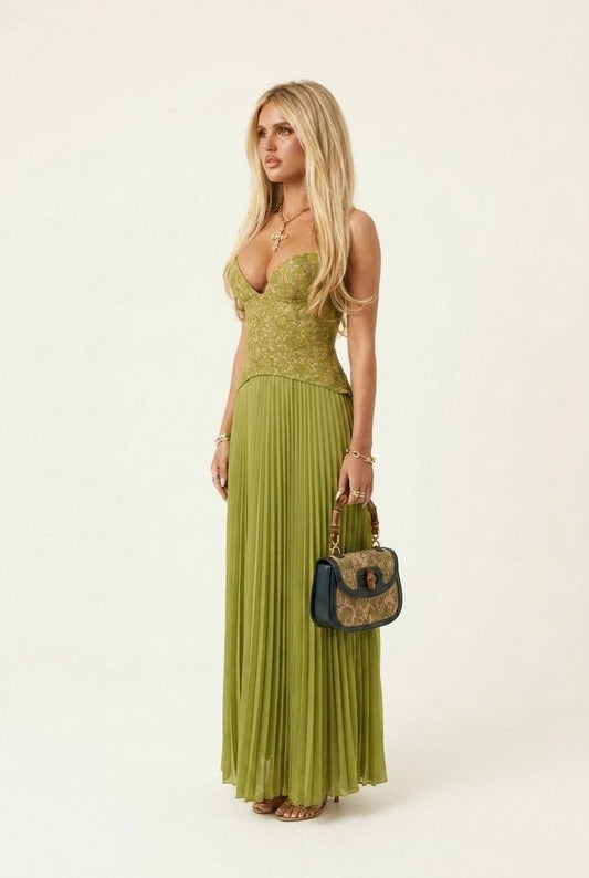 Women's Olive Lace Bodice Pleated Maxi Dress Slim Fit Evening Gown