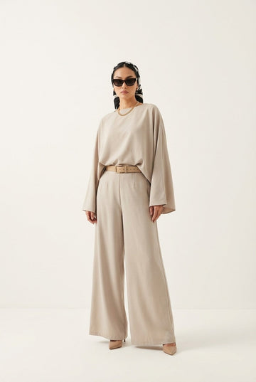 Women's Elegant Crepe Blouse and Wide Leg Pants Set, Modest Chic