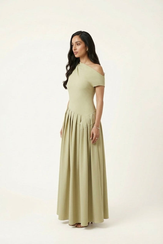 Women's Elegant One-Shoulder Pleated Maxi Dress Asymmetric Gown