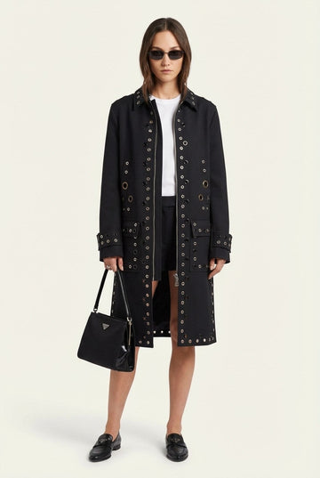 Women's Eyelet Embellished Longline Jacket Modern Punk Zip Coat