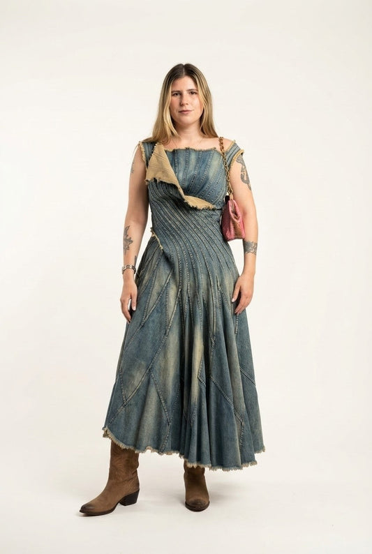 Women's Avant-Garde Paneled Denim Maxi Dress With Raw Edge Detail