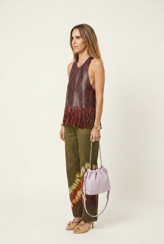 Women's Faux Leather Fringe Hem Tank Top, Deep Burgundy Boho Style