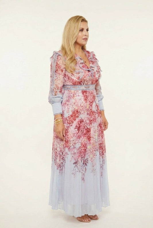 Women's Ruffled Floral Chiffon Maxi Dress with Crochet Waist Detail