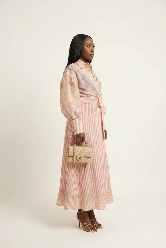 Women's Striped Linen Wrap Shirt Dress with Puff Sleeves and Tie Waist