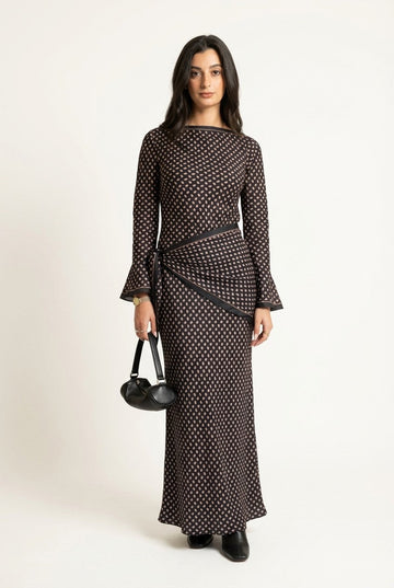 Women's Polka Dot Boat Neck Maxi Dress with Flare Cuffs and Wrap Detail