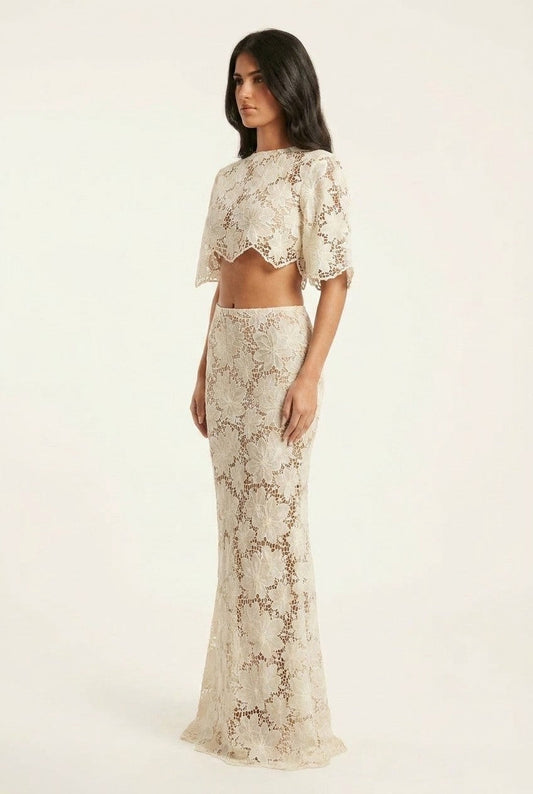 Women's Floral Lace Crop Top and Maxi Skirt Set Elegant Formal Wear