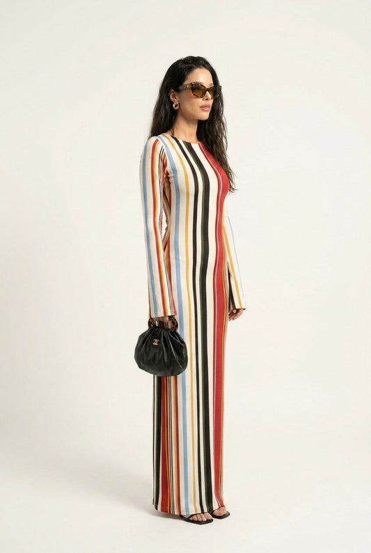 Women's Multicolor Vertical Stripe Knit Maxi Dress Long Sleeve Bodycon