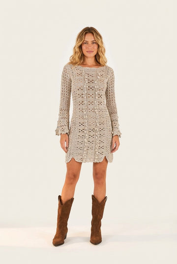 Women's Crochet Knit Mini Dress Long Sleeve Scalloped Boho Festival Wear
