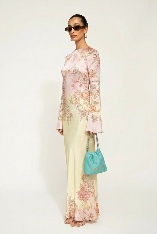 Women's Floral Print Satin Maxi Dress With Bell Sleeve Elegant Garden Vibe