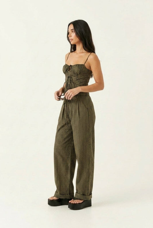 Women's Gingham Woven Bustier and Wide Leg Pants Set, Olive Green