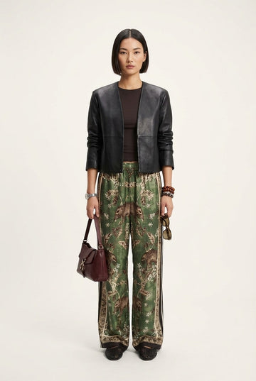 Women's Smooth Leather Collarless Jacket, Open Front Sophisticated Style