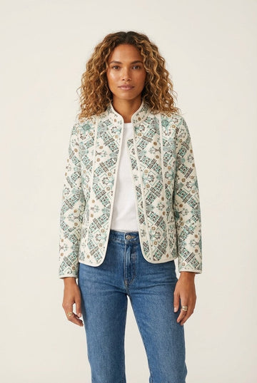 Women's Geometric Print Mandarin Collar Jacket Tailored Boho Chic Outerwear