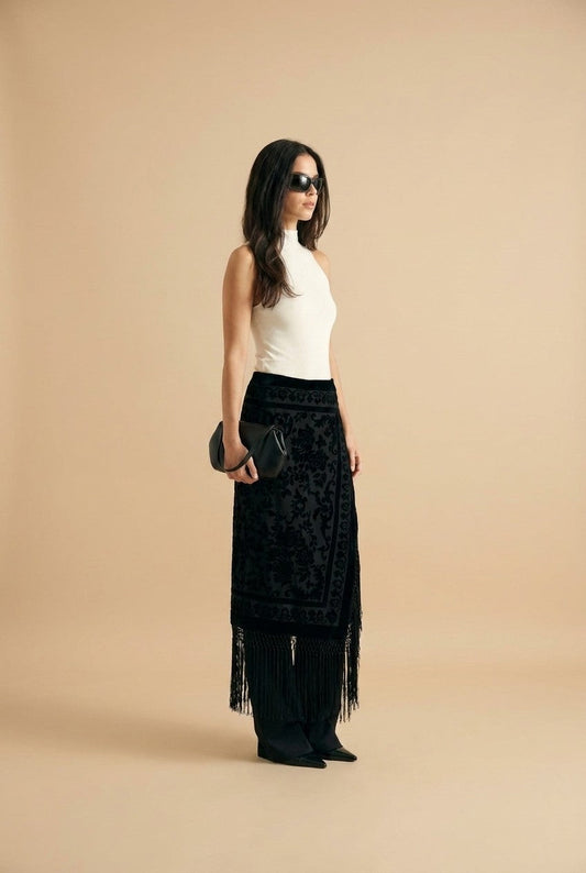 Women's Black Velvet Floral Fringe Wrap Skirt High Waisted Evening