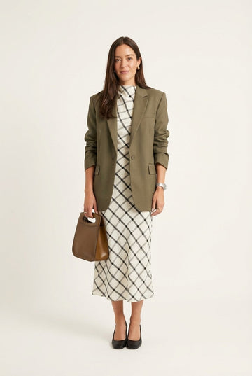 Women's Olive Green Tailored Blazer, Oversized Single-Breasted Office Jacket