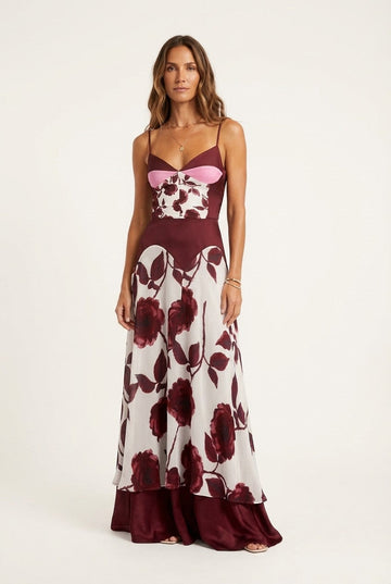 Women's Floral Print Satin Maxi Dress with Bustier Detail Evening Gown