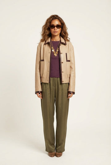 Women's Two-Tone Faux Leather Button-Up Jacket with Contrast Trim