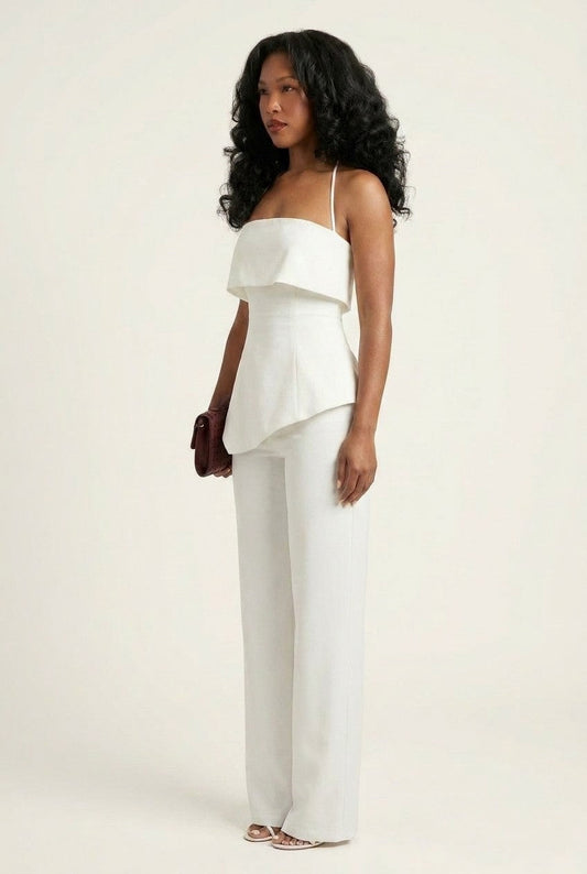 Women's White Crepe Asymmetric Blouse and Trousers Set for Bridal Chic
