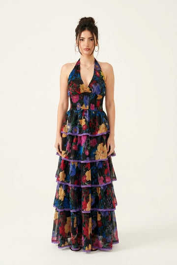 Women's Floral Halter Neck Maxi Dress Smocked Tiered Summer Gown