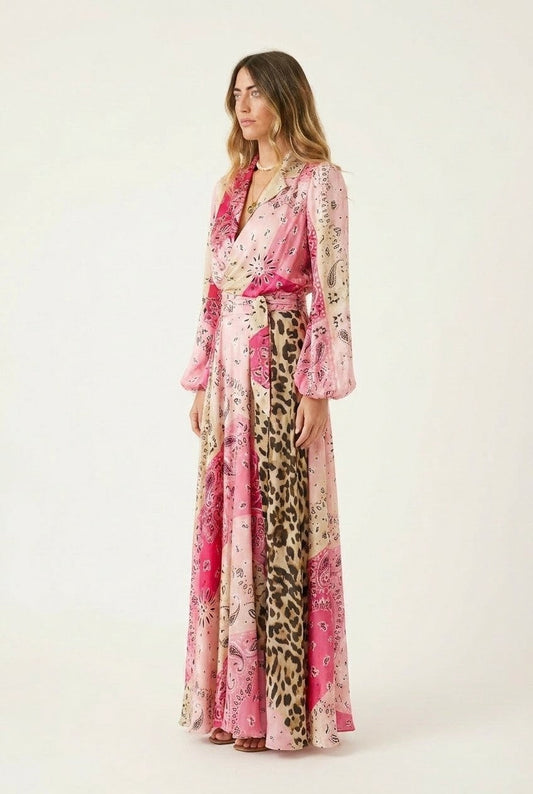 Women's Mixed Print Satin Maxi Dress Wrap Front Long Sleeve Boho Chic