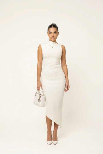 Women's Ruched Sleeveless Midi Dress Asymmetric Hem Elegant Cocktail Gown