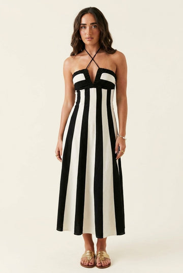 Women's Vertical Striped Halter Midi Dress with Plunge Neckline