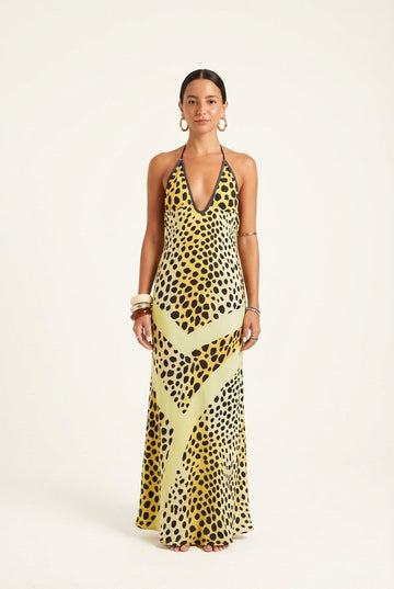Women's Satin Leopard Print Maxi Dress Halter Deep V Summer Resort