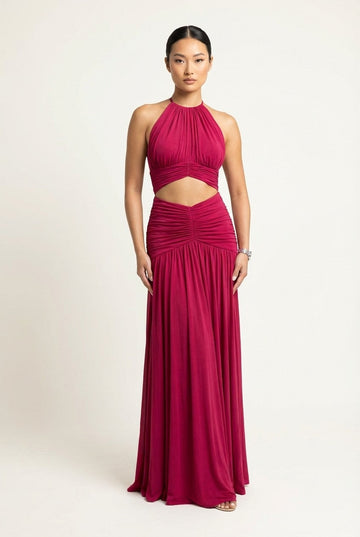 Women's Ruched Jersey Halter Maxi Dress with Midriff Cutout