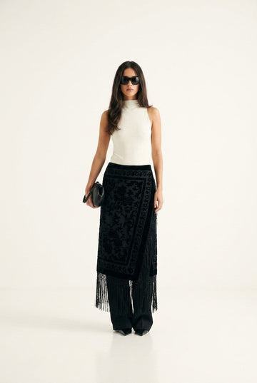 Women's Black Velvet Floral Fringe Wrap Skirt High Waisted Evening