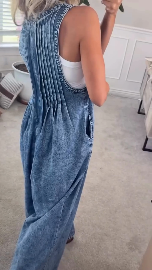 Blue denim pleated jumpsuit