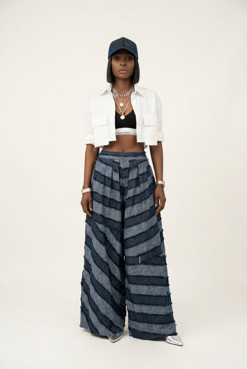 Women's Patchwork Denim Wide-Leg Pants High-Waisted Frayed Edge Trousers