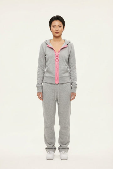Women's Heather Grey Fleece Hoodie and Pants Set with Chunky Pink Zipper