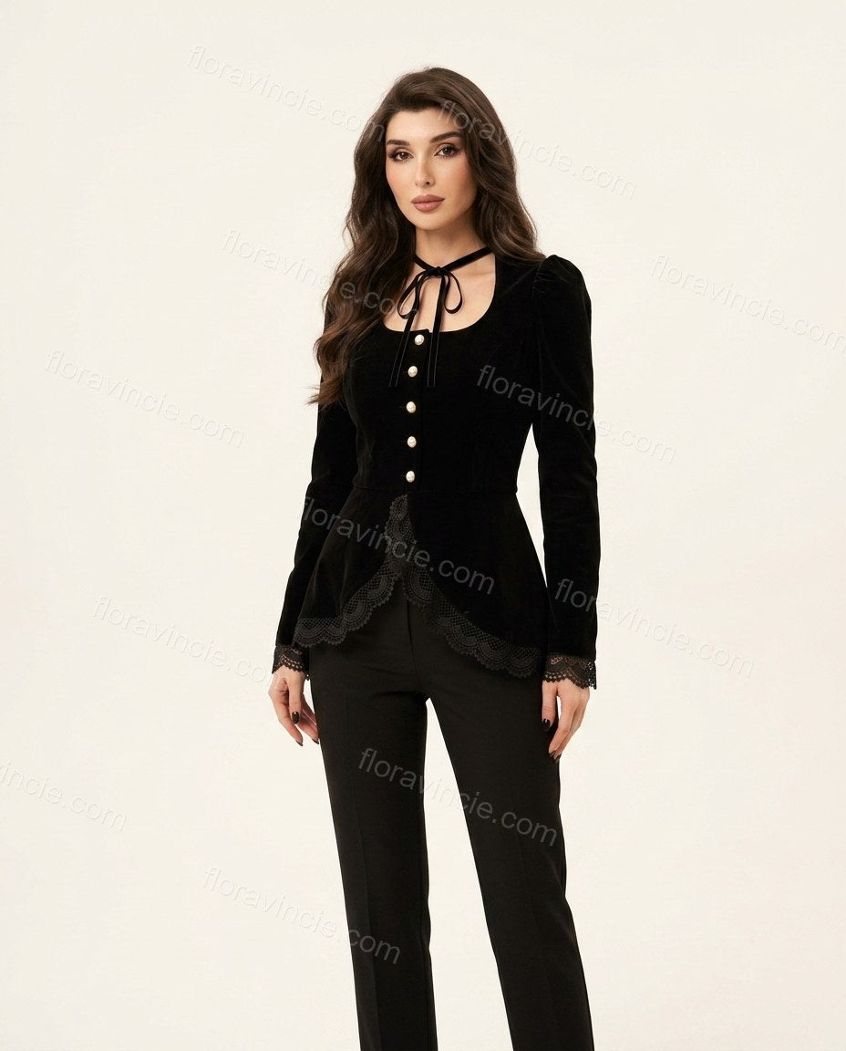 Black Grace City Layer Lace Top Black Top with Structured silhouette and Textured texture, side or back garment view for Pre-Fall, a fall city dinner, Fall current summer selling first with a light late-summer/pre-fall accent: make it wearable now for sum by floravincie