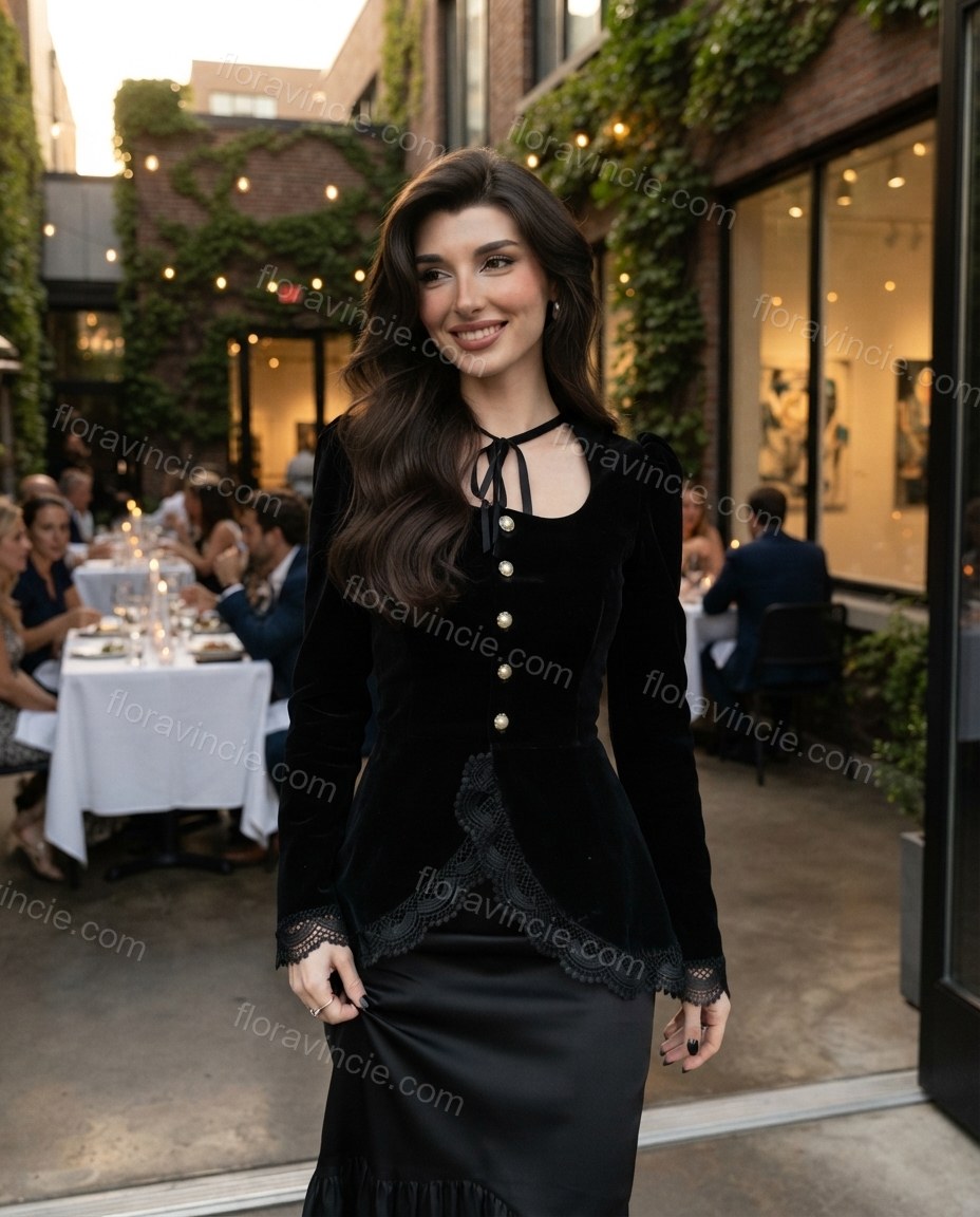 Black Grace City Layer Lace Top Black Top with Structured silhouette and Textured texture, lifestyle scene image for Pre-Fall, a fall city dinner, Fall current summer selling first with a light late-summer/pre-fall accent: make it wearable now for summer by floravincie