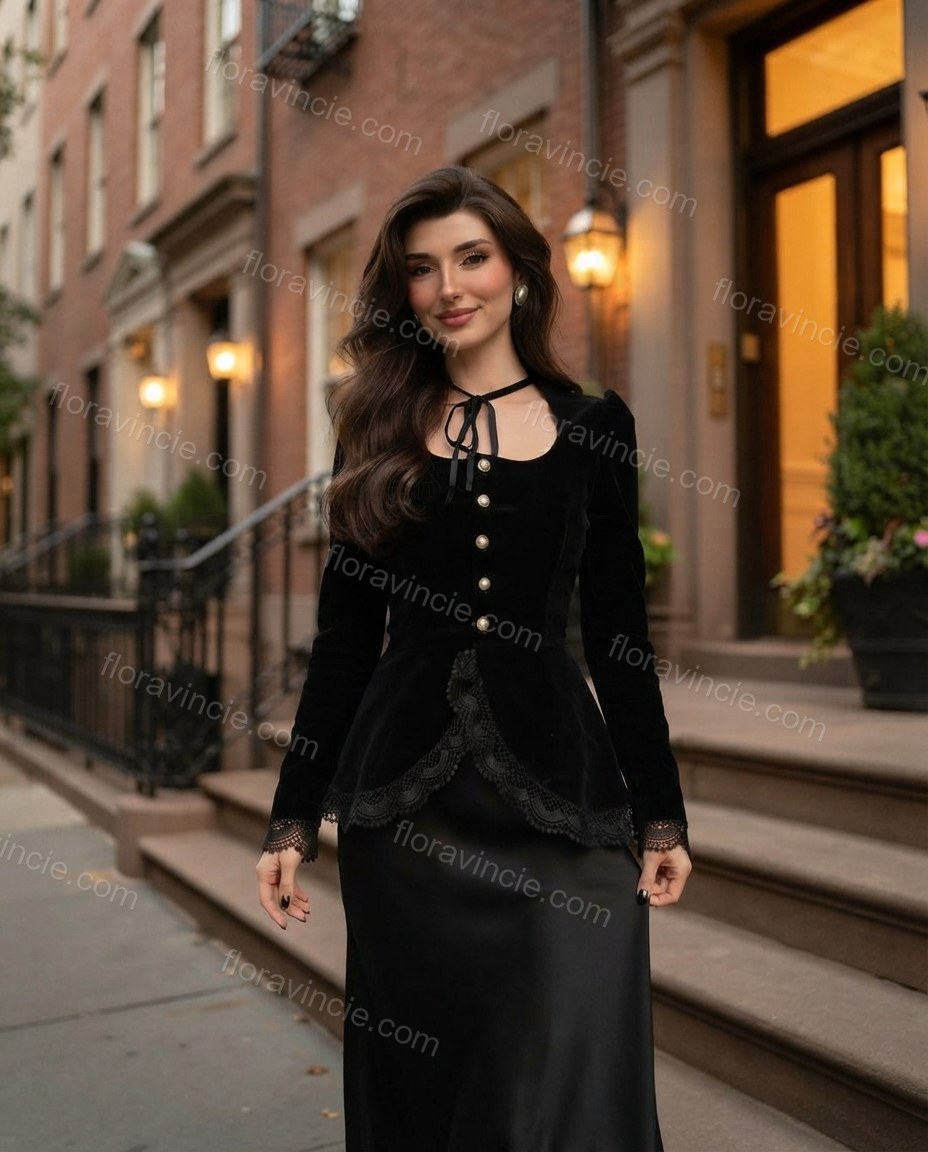 Black Grace City Layer Lace Top Black Top with Structured silhouette and Textured texture, editorial ecommerce scene for Pre-Fall, a fall city dinner, Fall current summer selling first with a light late-summer/pre-fall accent: make it wearable now for sum by floravincie