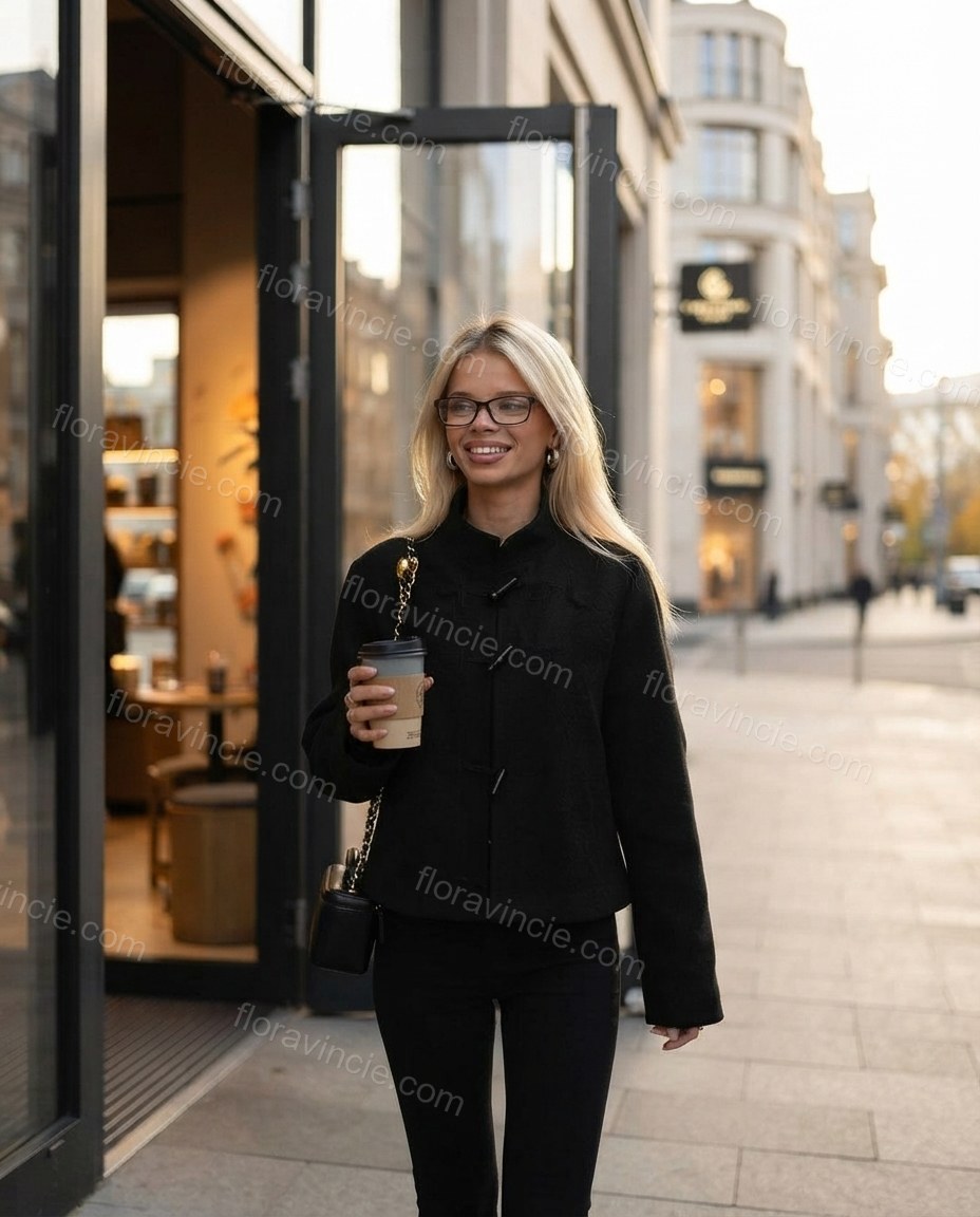 Black Glow City Layer Textured Jacket Black Jacket with Tailored silhouette and Textured texture, editorial ecommerce scene for Pre-Fall, a cafe plan, Fall current summer selling first with a light late-summer/pre-fall accent: make it wearable now for sum by floravincie
