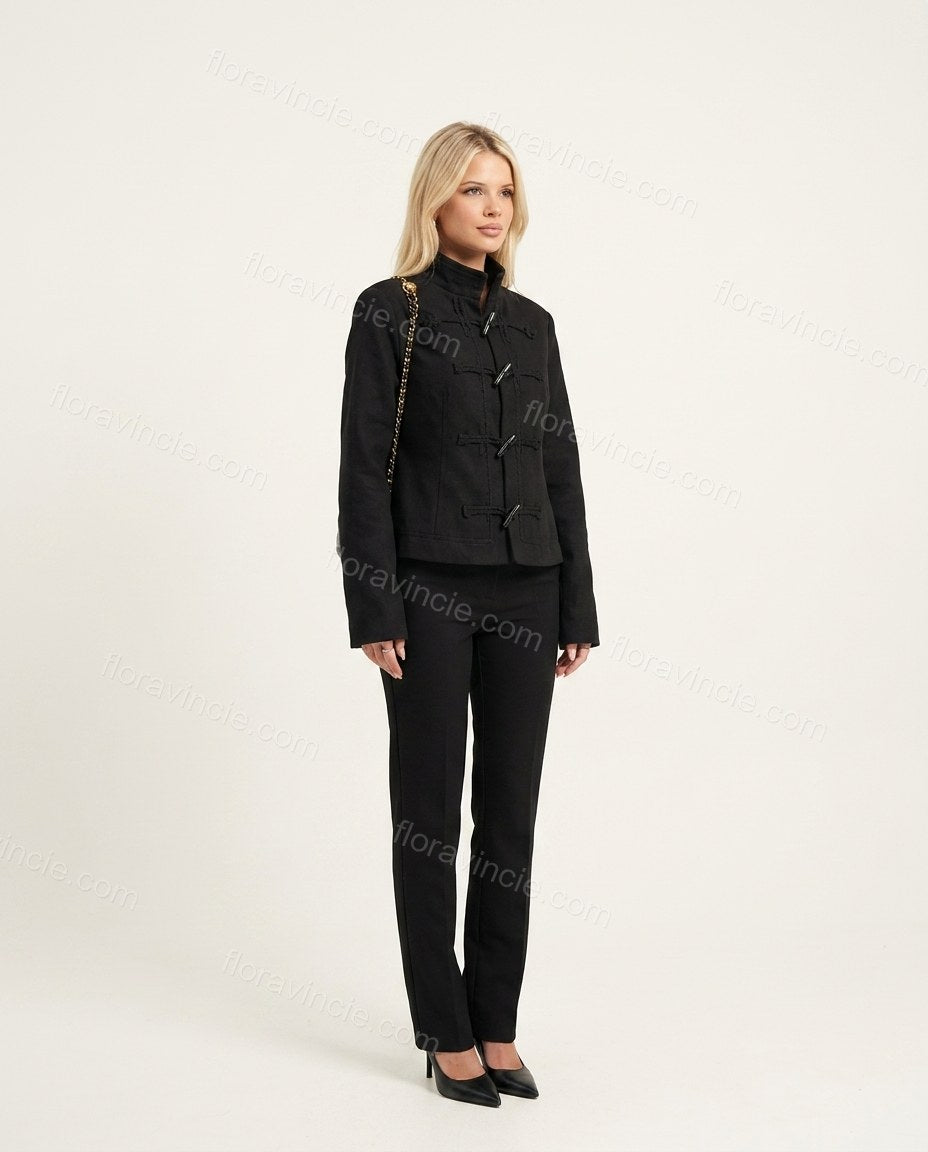 Black Glow City Layer Textured Jacket Black Jacket with Tailored silhouette and Textured texture, clean studio product view for Pre-Fall, a cafe plan, Fall current summer selling first with a light late-summer/pre-fall accent: make it wearable now for sum by floravincie