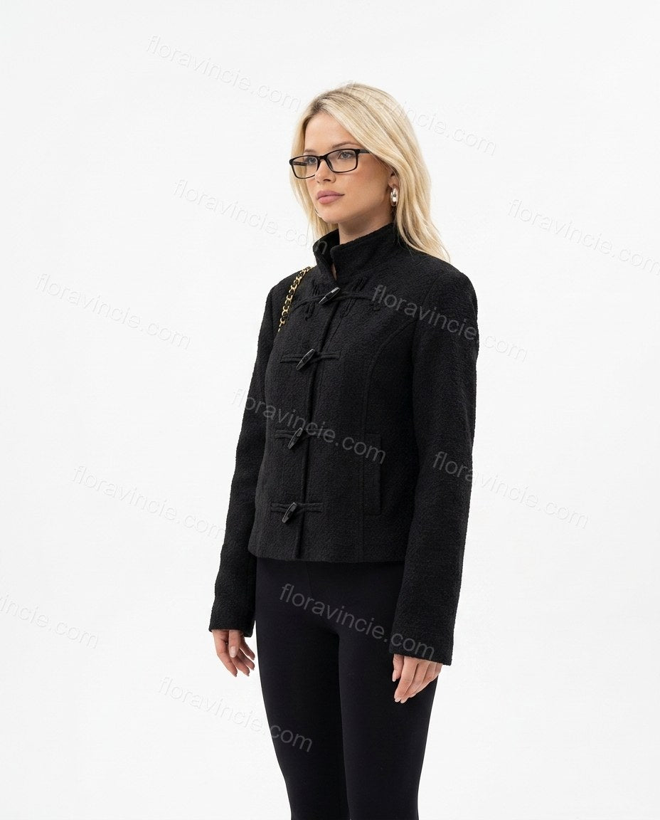 Black Glow City Layer Textured Jacket Black Jacket with Tailored silhouette and Textured texture, side or back garment view for Pre-Fall, a cafe plan, Fall current summer selling first with a light late-summer/pre-fall accent: make it wearable now for sum by floravincie